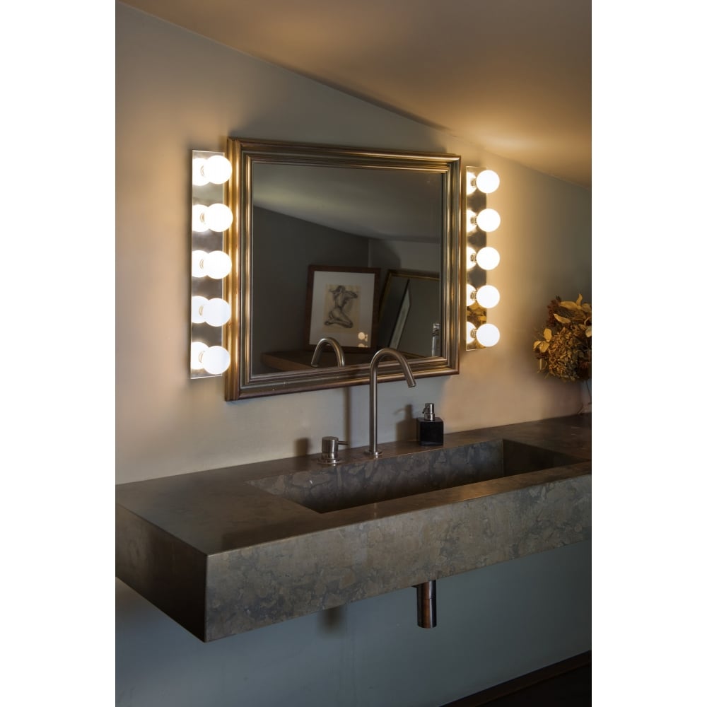 5 light vertical globe style bathroom lighting wither side of a mirror