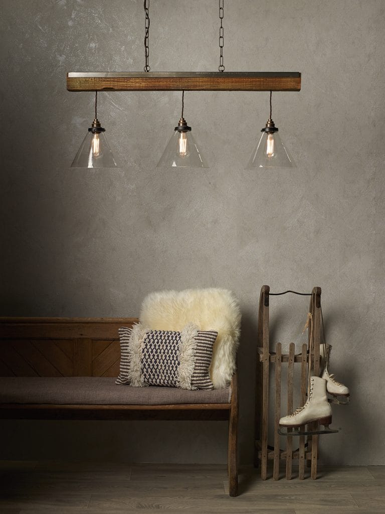 aspen wood effect ceiling pendant bar with three clear glass tapered shades