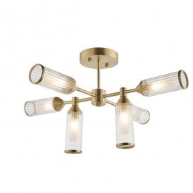 ANCILLARY Ribbed And Frosted Glass Satin Brass Semi-Flush