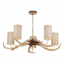Antler 5 Light Highland Stag 5 Light Ceiling Pendant with Cream Shades