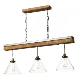 ASPEN 3 Light Ceiling Pendant Bar Wood Effect/Tapered Glass