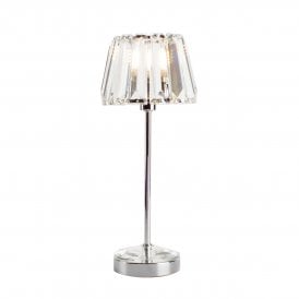 Small metal Polished Chrome and clear glass crystal table lamp with chrome stem and plate.