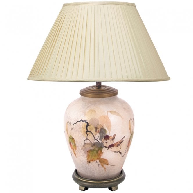 CHINESE Bird Small Glass Table Lamp | Silk Pleat Almond Shade