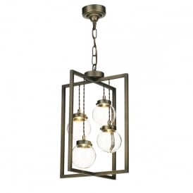 CHISWICK 4 Light Lantern Ceiling Pendant Vintage Brass with Clear Glass Globes