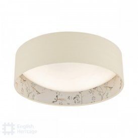 taupe shaded flush light lined with chinoiserie pattern