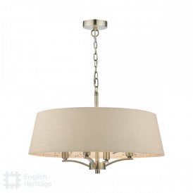 brass 4 light pendant with taupe shade 