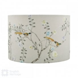 taupe drum shade with chinoiserie pattern of birds on branches