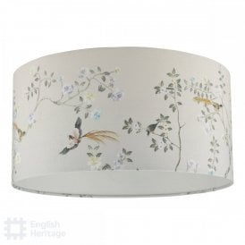taupe drum shade with chinoiserie pattern of birds on branches