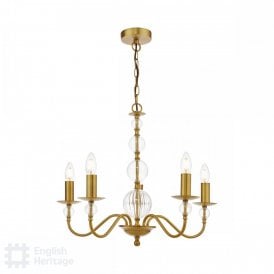5 armed chandelier in brass with ribbed glass beading on stem