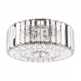 3 light flush crystal ceiling light in polished chrome in circular metal frame flush to ceiling light.