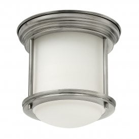 HADRIAN 1 Light Flush Mount in Opal Glass in Antique Nickel IP44 Bathroom Safe