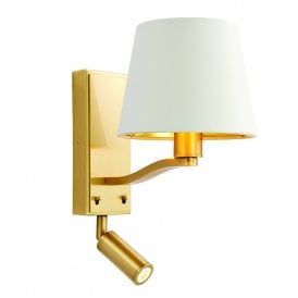 HARVEY 1 Light Wall & Spot 40W & 3W Satin Brushed Gold Effect Plate & Vintage White Faux Silk