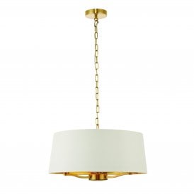 HARVEY 3 Light Pendant | Satin Brushed Gold Effect Plate & Vintage White Faux Silk