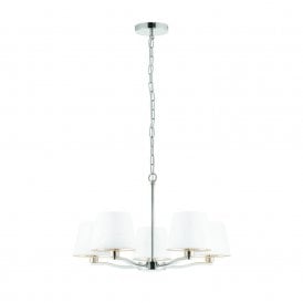 HARVEY 5 Light Pendant 40W Bright Nickel Plate & Vintage White Faux Silk