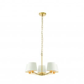 HARVEY 5 Light Pendant | Satin Brushed Gold Effect Plate & Vintage White Faux Silk