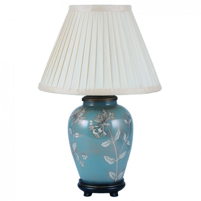 HONEYSUCKLE Small Blue Glass Table Lamp | Almond Silk Shade