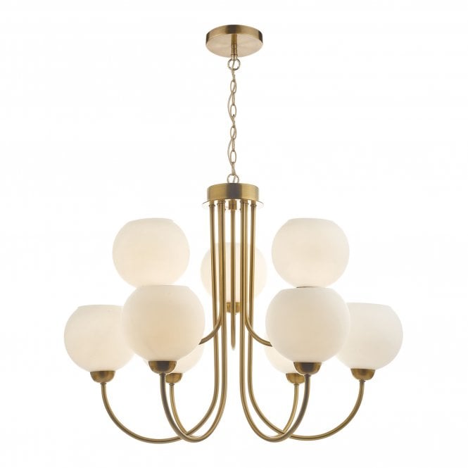 INDRA 9 Mid Century Inspired Pendant | Natural Brass With Opal Glass Shades