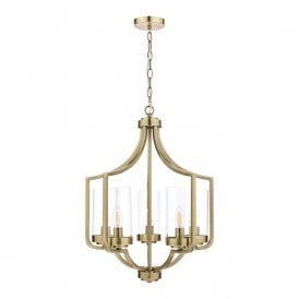 5 Light Armed Pendant Chandelier in Antique Brass and Glass crystal Shades with lantern style