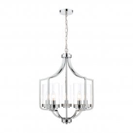 5 Light Armed Pendant Chandelier in polished chrome and Glass crystal Shades with lantern style