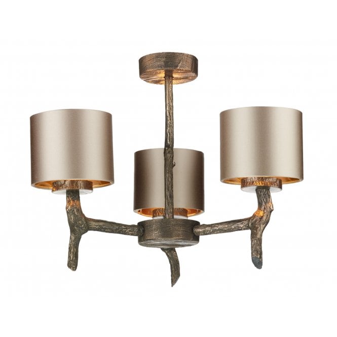 JOSHUA 3 Light Wood Effect Bronze Pendant | Almond Cream Shades/Bronze Lining
