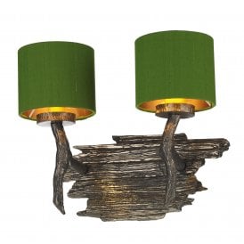 JOSHUA Twin Wall Light | Olive Green Silk Shade | Bronze Lining | Wood Effect