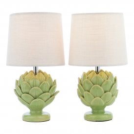 Twin Pack Small Green Gloss-Glazed Artichoke Polished Chrome Table Lamps with Ivory Natural Linen Drum Shade 
