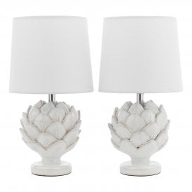 Twin Pack Small White Gloss-Glazed Artichoke Polished Chrome Table Lamps with Ivory Natural Linen Shade 