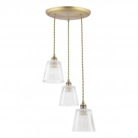 3 Light Pendant Antique Brass with fluted solid glass shades and gold twisted fabric cable