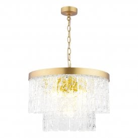 4 Light Antique Matt Brass Hanging Chandelier with Textured Glass Pendant