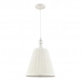 Single Ceiling Pendant Light in Satin Cream with Crystal Ball detail, included Ivory-Cotton Blend Shade
