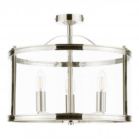 Semi-Flush Polished Nickel alntern style Ceiling Light with clear glass casing 3 bulbs.