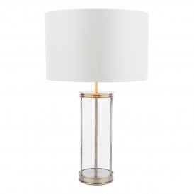 Large Table Lamp with Antique Brass Frame and Glass Base with White Shade with metallic liner