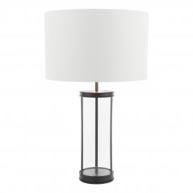 Large Table Lamp with Matt Black frame and Clear Glass Base including White Shade with Silver Inner Lining