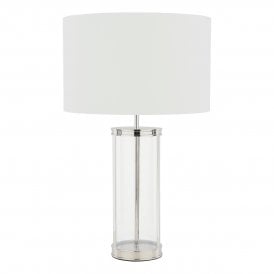 Large Table Lamp with Polished Nickel Frame and Glass Base with White Shade with metallic liner