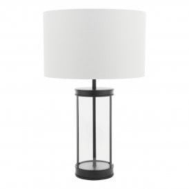 small Matt black framed table lamp with glass base, white lamp shade