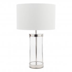 Small Table Lamp with Polished Nickel Frame and Glass Base with White Shade with metallic liner