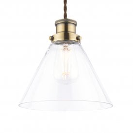 Single Pendant Light in Antique Brass finish with coned glass shade