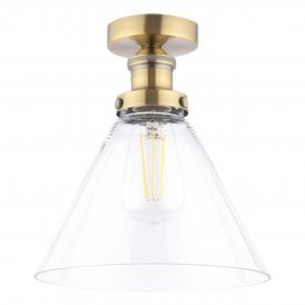 Semi-Flush Vintage Antique Brass Ceiling Light with coned glass lamp shade