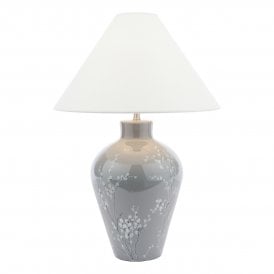 Grey Ceramic and Polished Nickel Table Lamp with white Flower design including linen white shade