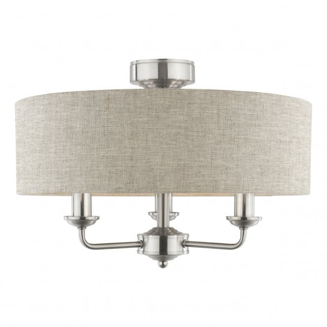  Sorrento 3 Light Semi-Flush Satin Nickel and Natural With Shade