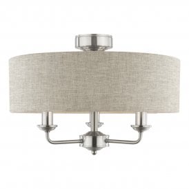 3 Light Semi-Flush Ceiling Light in Nickel with Natural Linen Shade with silver inner lining