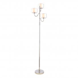 3 Light Floor Lamp in Polished Nickel with three double layered Matt White opal glass shades with footswitch