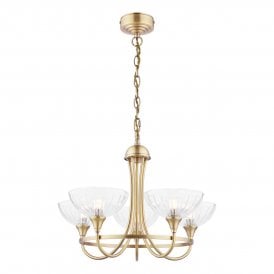 5 Light Armed Pendant Chandelier in Antique Brass and Glass Shades