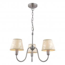 3 Light Armed Pendant Chandelier in Polished Pewter with Shades