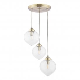 3 Light Cluster Pendant in Antique Brass with Glass Ribbed Shades with Gold Twisted fabric cables