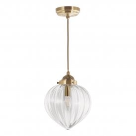 Single Pendant Light in Antique Brass with Glass Ribbed Shades with Gold Twisted fabric cables