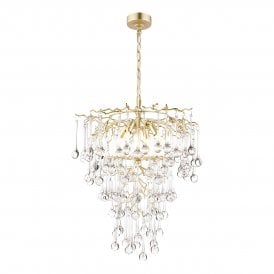 4 Light Satin Champagne and crystal Chandelier with champagne willow branches and long crystal raindrops.