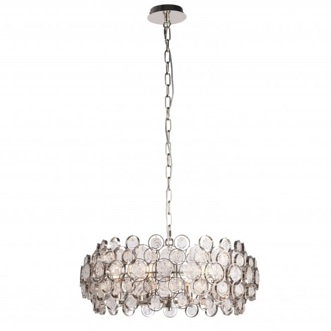 MARELLA 6 Light Pendant | Bright Nickel & Clear Mottled Glass Coins | Handmade UK