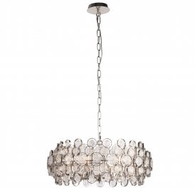 MARELLA 6 Light Pendant | Bright Nickel & Clear Mottled Glass Coins | Handmade UK
