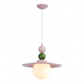 pink and green single ceiling pendant with two ball design in red and blue with matching ceilig rose and opal glass shade